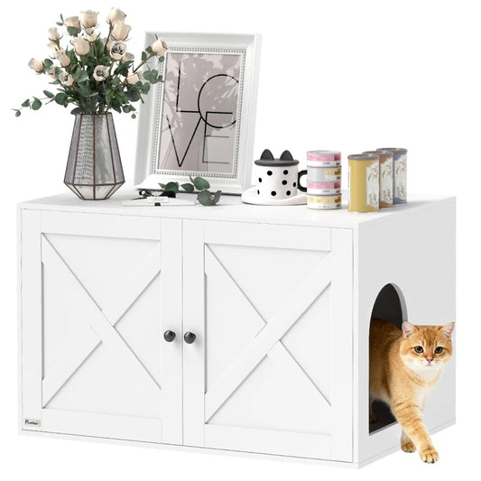 Pawhut Cat Litter Box Enclosure With Barn Door Hole White