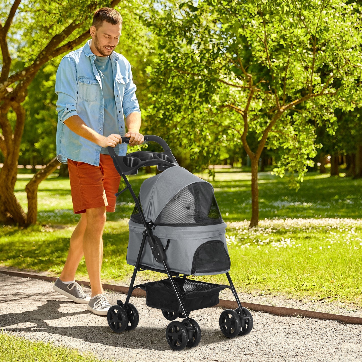 Pawhut Dog Pram Stroller Foldable Pet Pushchair With 4 Wheels