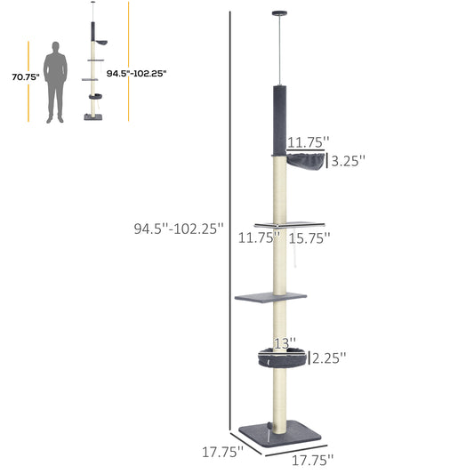 Floor To Ceiling Cat Tree 5-tier Climbing Tower 95-106 Height