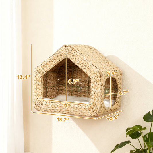 Wall Mounted Cat House Furniture Shelf With Washable Cushion Natural