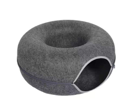 Donut Cat Tunnel Bed Pets House Natural Felt Pet Cave Interactive