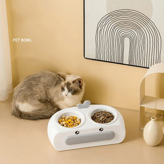 Duck Design Pet Double Bowl Plastic Kitten Dog Food Drinking Tray