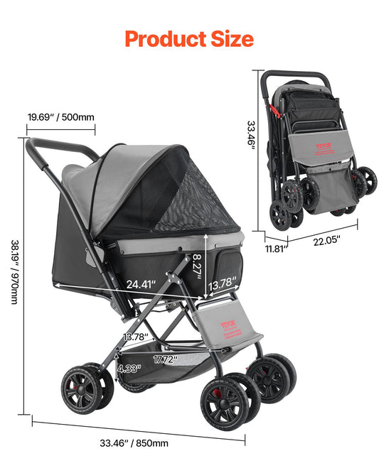 Pet Stroller Foldable 4 Wheels Travel Dog Reversible Handle Up To