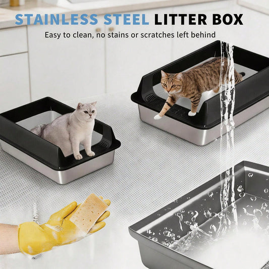 Stainless Steel Cat Litter Box Large Open Top With Anti Splash High