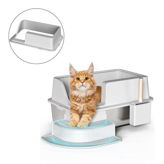 30l Semi Enclosed Cat Litter Box With Footboard And Scoop Stainless