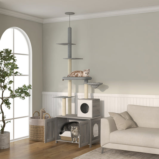 2-in-1 Floor To Ceiling Cat Tree With Litter Box Enclosure Condo