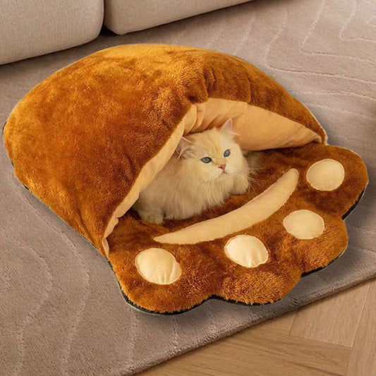 Winter Warm Cute Bear Paw Cat Bed Thickened House Semi-closed Nest