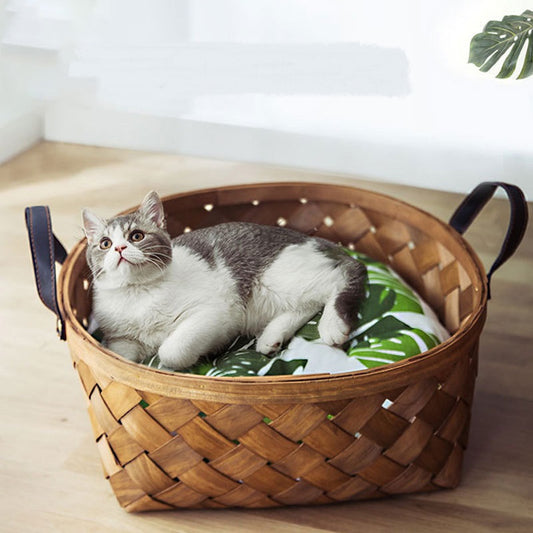 Bamboo Rattan Cat Bed House Kennel Nest Dog Tent Summer Sofa