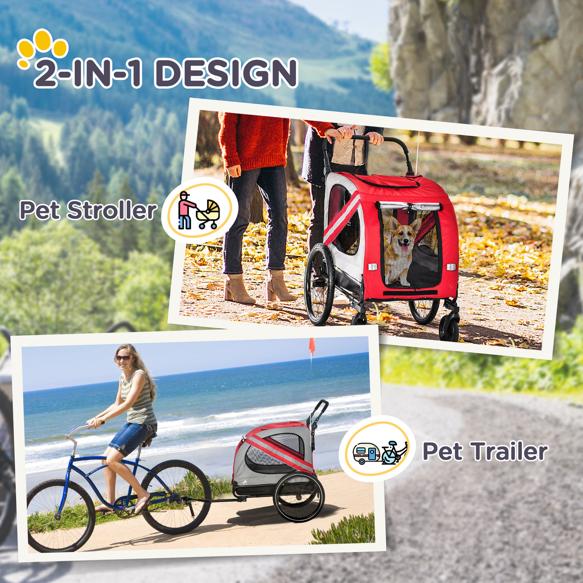 2-in-1 Pet Bike Trailer For Small Medium Dogs Road-visibility Dog