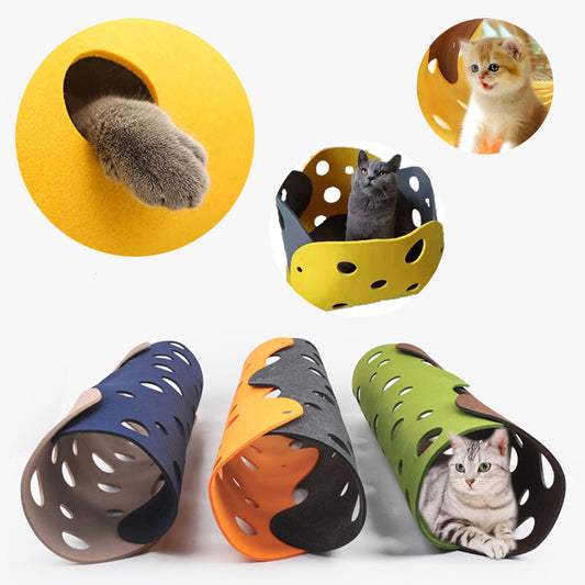 Cat Tunnel Toy Felt Pom Splicing Deformable Kitten Nest Collapsible