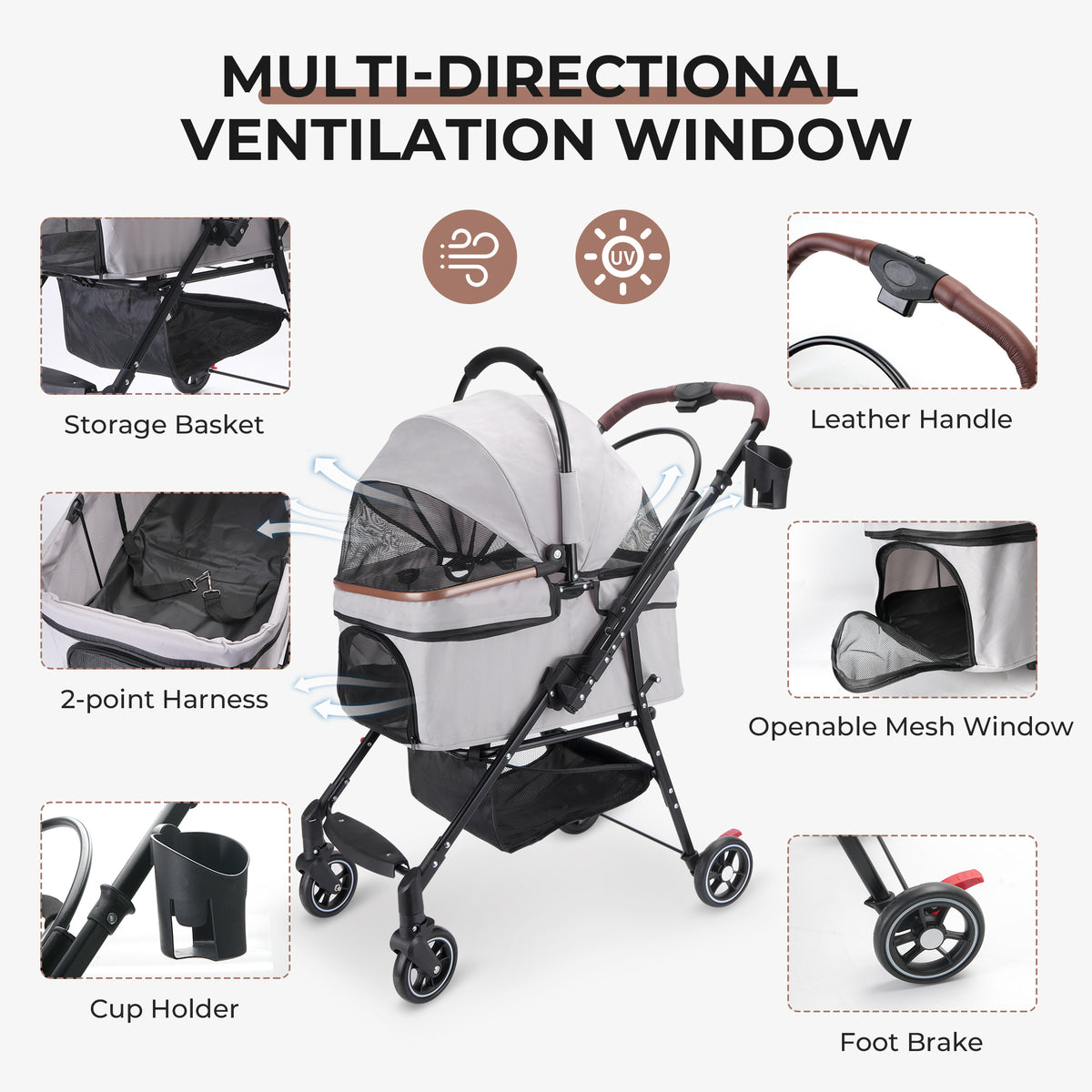 4-wheel Foldable Pet Stroller For Small Dogs Cats 360 Rotating
