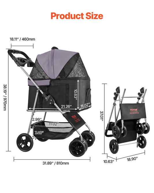 Pet Stroller Foldable 4 Wheels Dog Detachable Carrier Up To 35lbs