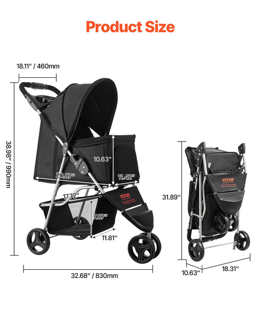 Pet Stroller Foldable 3 Wheels Dog With Brake Up To 35lbs Travel