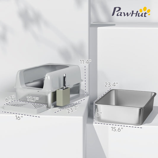 High Sided Stainless Steel Litter Box With Metal Scoop Holder For