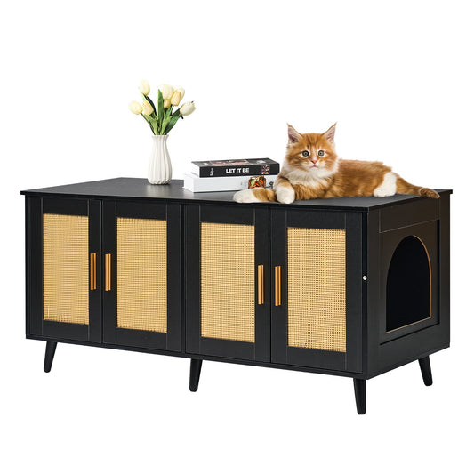 Cat Litter Box Enclosure Wooden Furniture Hidden 2 Rooms Black