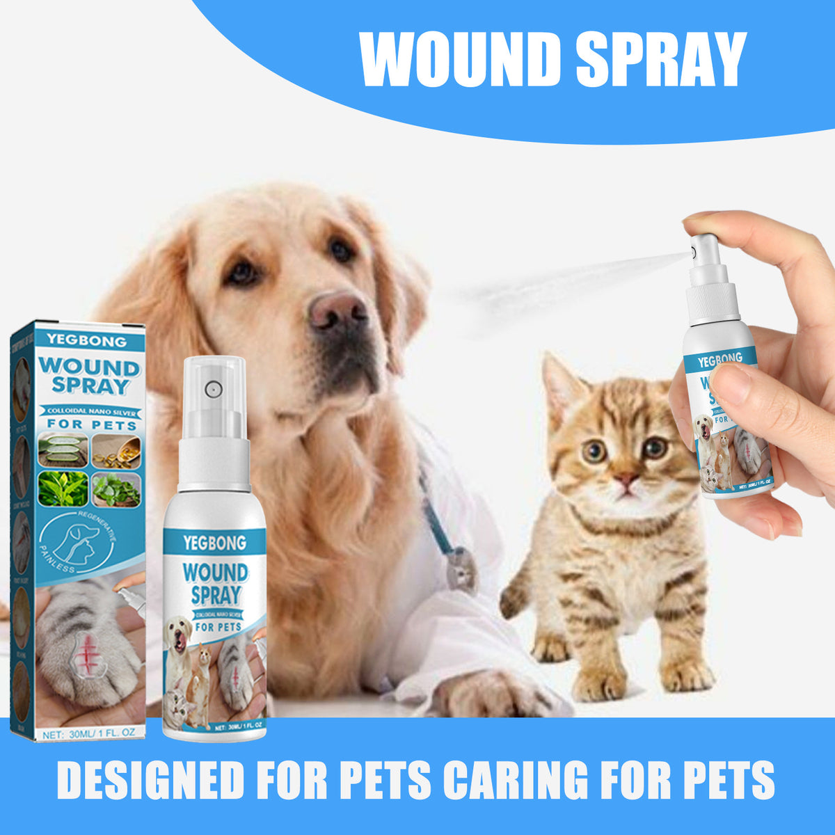Natural Pet Wound Spray For Cats Dogs Skin Care Cuts Anti Itch