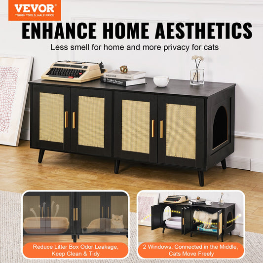 Cat Litter Box Enclosure Wooden Furniture Hidden 2 Rooms Black