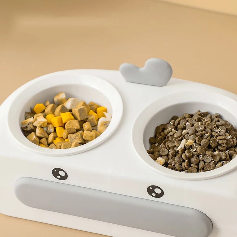 Duck Design Pet Double Bowl Plastic Kitten Dog Food Drinking Tray