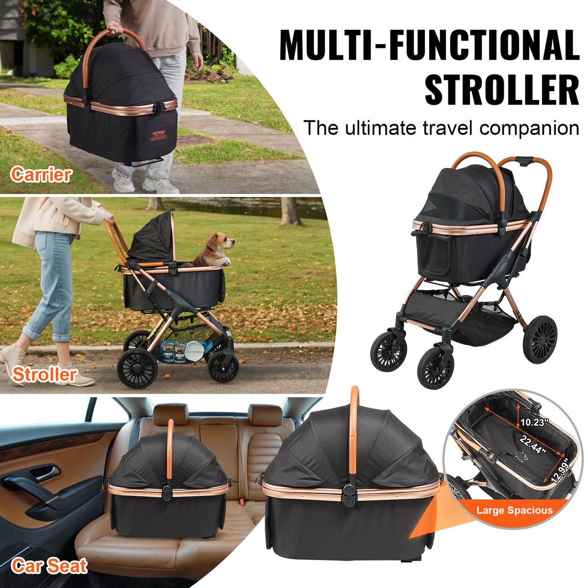Pet Stroller 4 Wheels Dog Rotate With Brakes 66 Lbs Weight Capacity