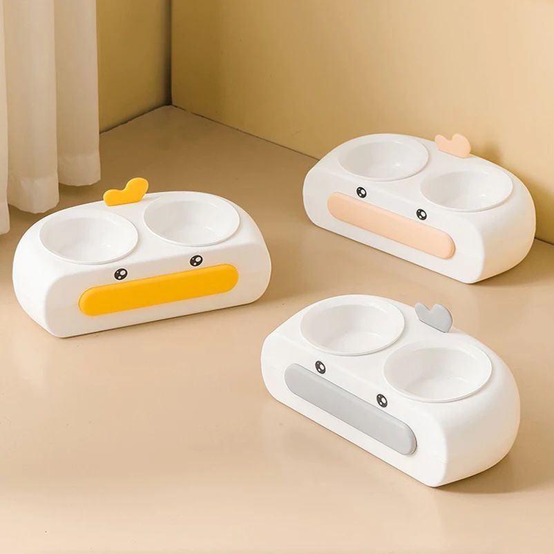 Duck Design Pet Double Bowl Plastic Kitten Dog Food Drinking Tray