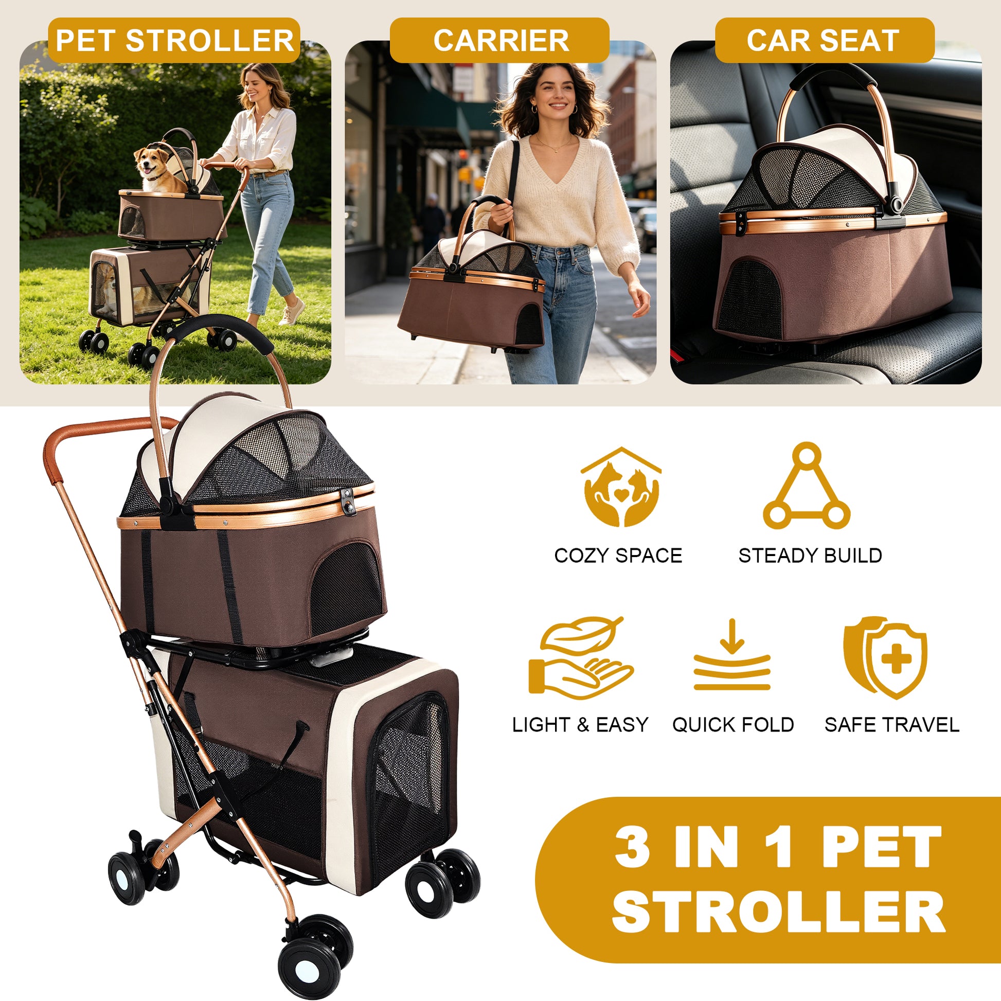 3-in-1 Double Pet Stroller For Small Medium Dogs Cats Foldable