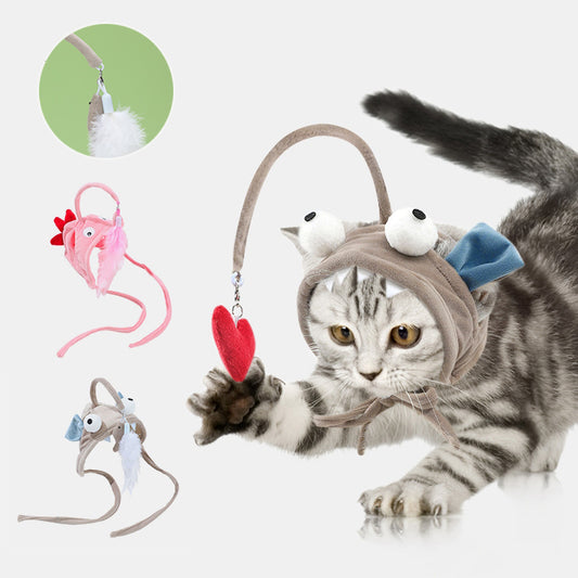 New Head Wearing Feather Funny Cat Stick Toy Gray Big Eye Pet Toys