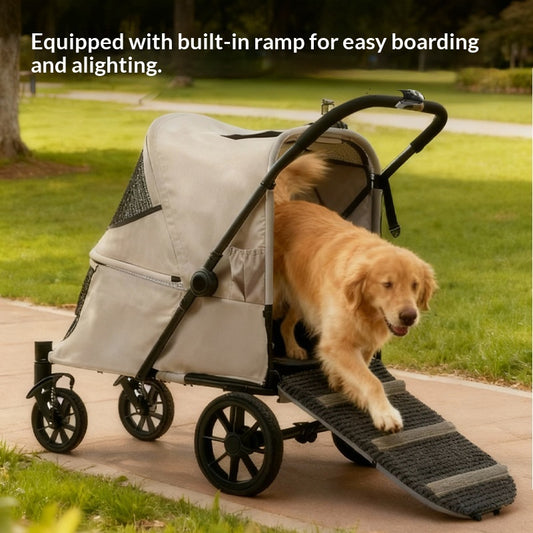 Foldable Covered Pet Stroller With Ramp For Senior Cats And Small