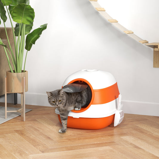 Dome Covered Cat Litter Box With Lid White And Orange