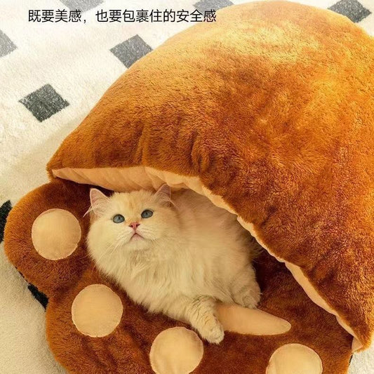 Winter Warm Cute Bear Paw Cat Bed Thickened House Semi-closed Nest