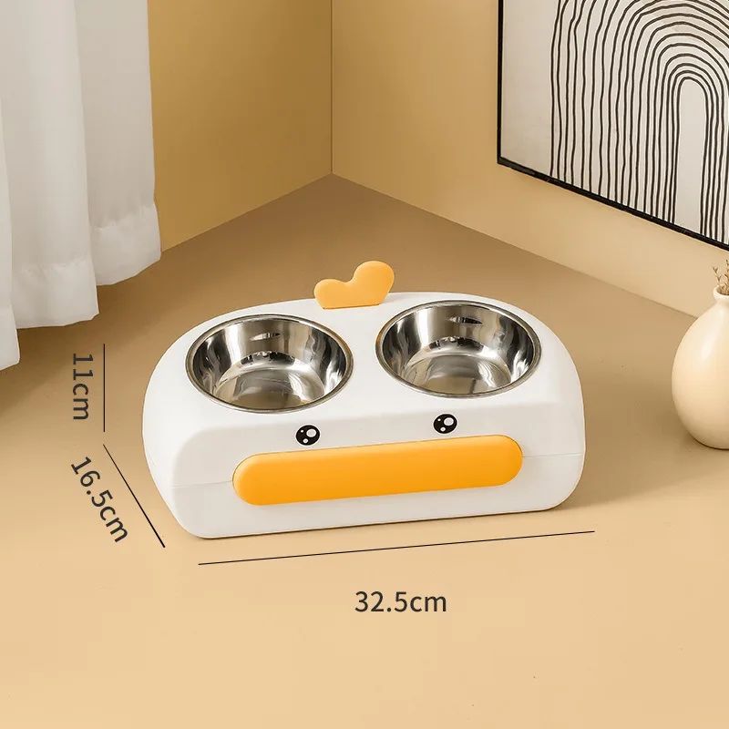 Duck Design Pet Double Bowl Plastic Kitten Dog Food Drinking Tray