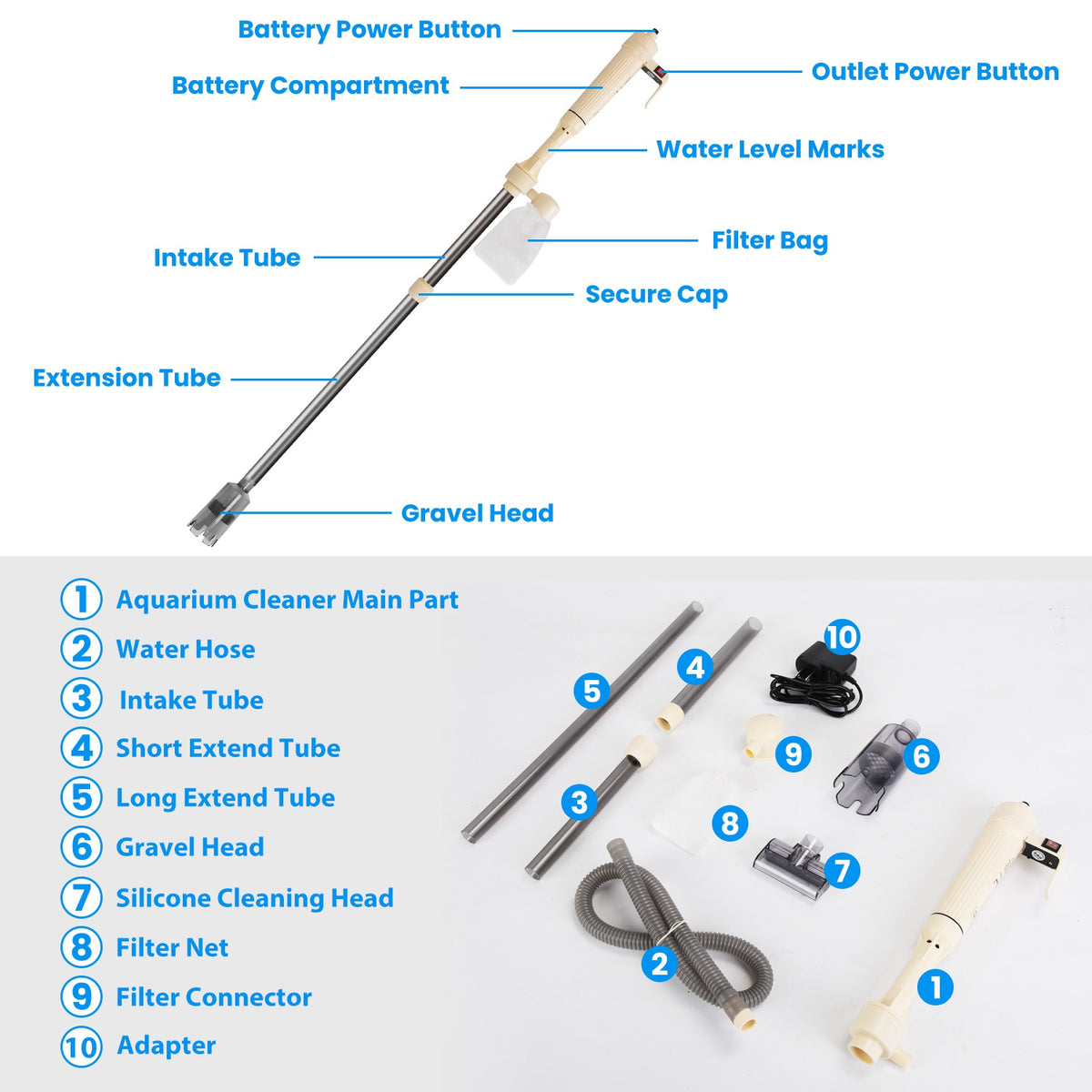 1 Set Multifunctional Electric Aquarium Gravel Cleaner Kit Length