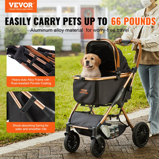 Pet Stroller 4 Wheels Dog Rotate With Brakes 66 Lbs Weight Capacity