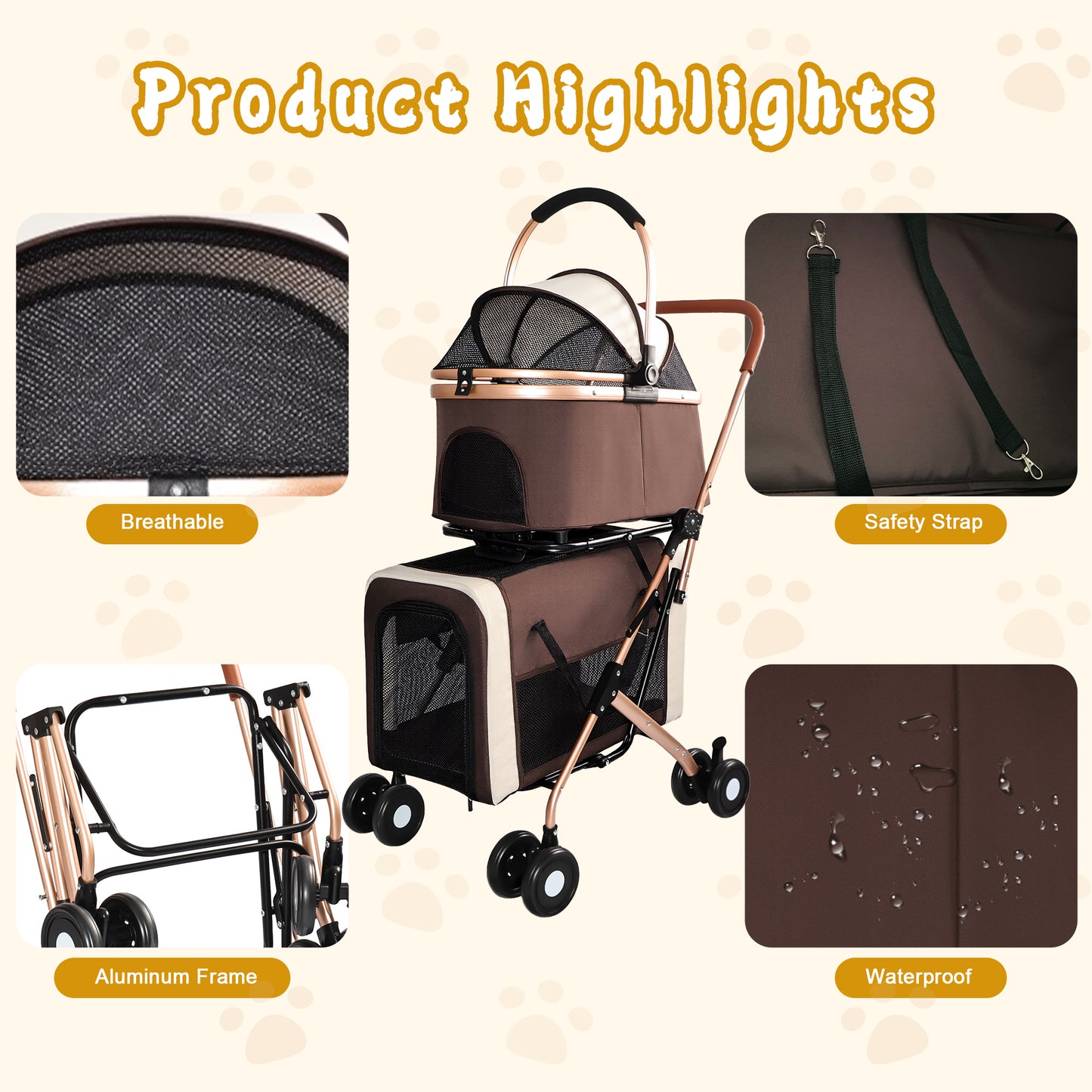 3-in-1 Double Pet Stroller For Small Medium Dogs Cats Foldable